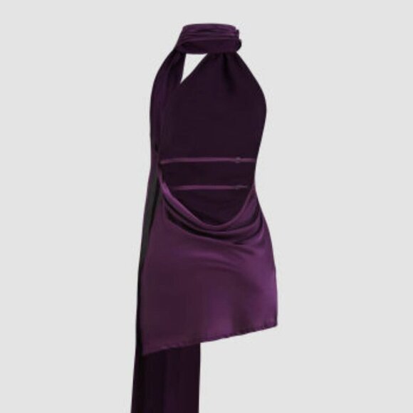 NWT CIDER Satin High Neck Backless Asymmetrical Hemline Purple Mini Dress - Picture 4 of 12